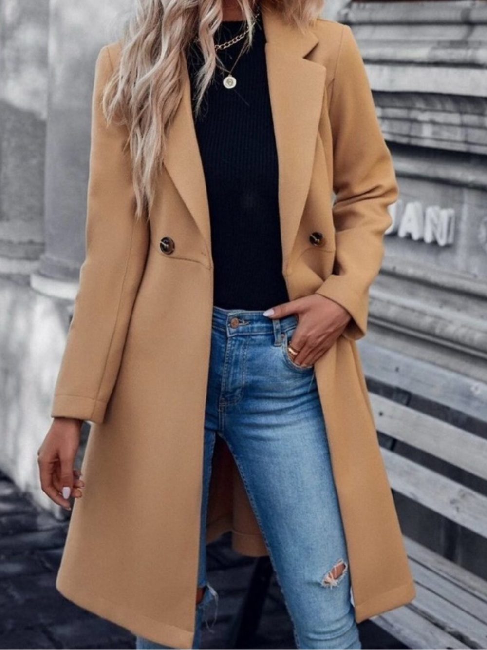 camel double button lapel neck belted coat